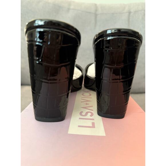 NEW Lisa Vicky Nordstrom Adore-V Croco Wedge Sandals Black Patent Leather 8 - Picture 6 of 7